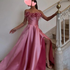 Oisslec Dress Elegant Vintage Sweet Pink Flowers Feathers A-Line Customize Formal Occasion Prom Dress Evening Party Gowns