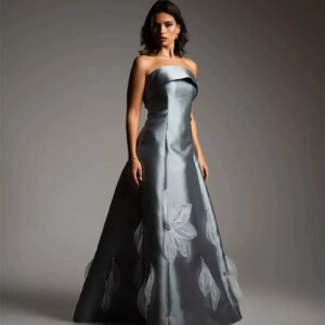 Customized  Elegant Satin Evening Dress Exquisite Strapless Sleeveless Prom Dress Temperament Flowers Bespoke Occasion