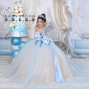 BABYONLIN Customized Gradient Communion Girl Dress Corset with Buttons Zipper Lace Applique Satin Bow with Multilayered Skirt