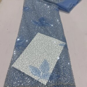 Blue African Sequins Lace Fabric 2025 High Quality Tulle Lace French Nigerian Net Beaded Lace Fabric For Sewing Wedding Dress