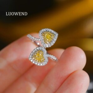 LUOWEND 100% 18K White Gold Rings Romantic Heart Style Real Natural Yellow or Green Diamond Ring for Women High Wedding Jewelry