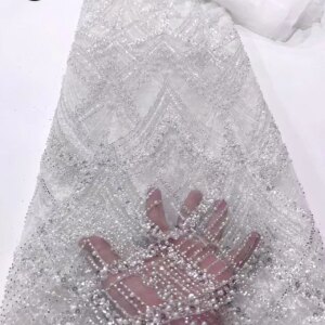 African Luxury Beaded Lace Fabric 2025 High Quality Fashion White French Nigerian Sequin Tulle Lace Wedding Dress Sewn 5 Yards