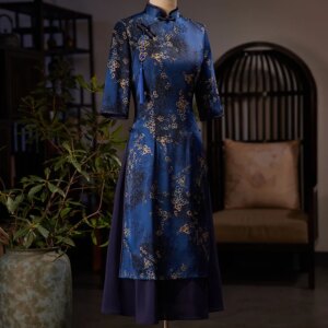 Improved Blue Cheongsam New Long Young High-End Temperament Daily Middle-Aged Dress