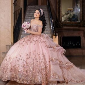 Pink Shiny Quinceanera Dresses Ball Gown Off The Shoulder 3D Sequin Applique Lace Beads Tiered Ruffles Corset Sweet 16 Vestidos