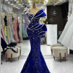 Newest Chic Royal Blue Dubai Mermaid Formal Evening Dresses Silver Crystal Tassels Red-carpet Party Dress Wedding Event Gowns