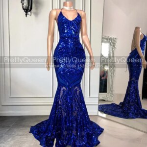 Royal Blue Sequins Long Prom Dresses Mermaid Spaghetti Straps Criss Cross Back Customized Trumpet Reception Dresses Party