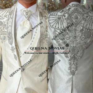Rhinestones Beaded Groom Wedding Suit Luxury Italian Design Floral Pattern Man Formal Party Tuxedos Customized 3-Piece Men Dress
