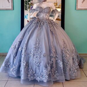 Navy Blue Shiny Quinceanera Dresses Off Shoulder Ball Gown Sweet 16 Dress Beads Applique Lace Bow Tull Birthday Party Vestidos