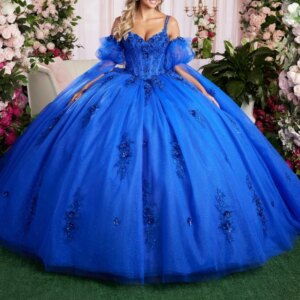 Royal Blue Shiny Quinceanera Dresses Ball Gown Spaghetti Strap Applique Flower Beads Bow Tull Party Birthday Sweet 16 VestidVest