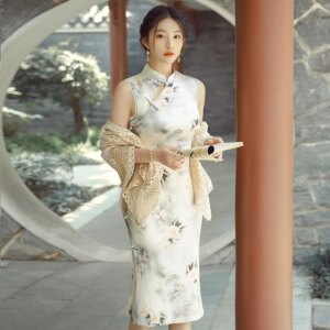 Summer New High Quality Real Silk Improved Mid-Length Printed Tea Cheongsam Qipao Women’s Dress