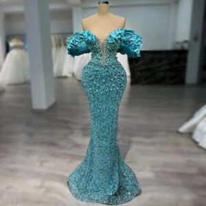 Blue Mermaid Cocktail Prom Dresses Sequins Pearls Off Shoulder Evening Dresses Gown