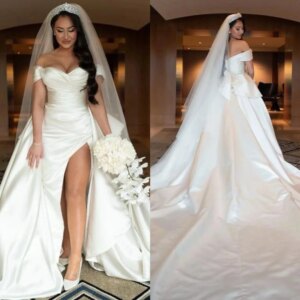 Stylish elegant A-line pleated wedding dress sexy lower shoulder with detachable train split bridal dress Vestido De Novia