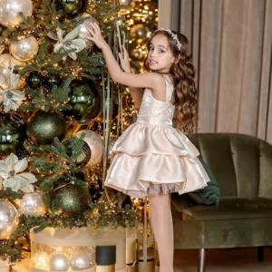 Little Daisy CustomizedIvory Satin A-Line Flower Girl Dresses Cute Tiered O-Neck Knee-Length Sleeveless Wedding Occasion Gowns C