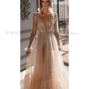Pretty Evening Dresses V Neck A Line Sleeveless Floor Length Backless High Quality Customized Formal Occasion Banquet Prom Gown