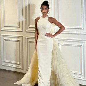 Customized Simple Jersey Evening Dress With Tulle Tiered Watteau Train Jewel neck Sleeveless Sheath Formal Party Prom Gown