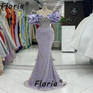 Graceful Lilac Purple Ruffles Off Shoulder Evening Dress Abendkleider Mermaid Crystal Beads Birthday Engagment Party Dresses