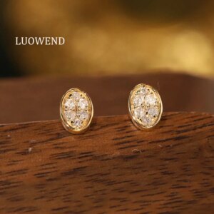 LUOWEND 100% 18K Yellow Gold Earrings Real Natural Diamond Stud Earrings Exquisite Oval Shape High Party Jewelry for Women