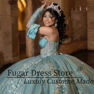 Customized Aqua Blue vestidos de 15 anos Luxury Quinceanera Dress Appliques Lace Beads Princess Ball Gowns Sweet 15 16 Dresses