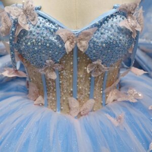 Customized sky blue Quinceanera Dress Off Shoulder Tull applique pearl flower Long tail Bow vestidos de 15 Quinceanera