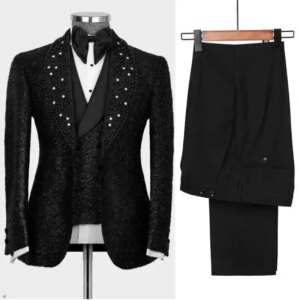 Sequined Mens Tuxedos Customized Black Beads Crystal Prom Wedding Party Groom Wear Birthday Photography 3 Pieces