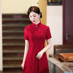 Red short-sleeved lace cheongsam modified slim-fit word dress bridal