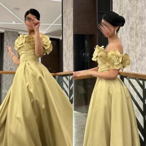 Customized Simple Off-the-shoulder A-line Floor Length Dresses Flower Satin Customized Saudi Arabia
