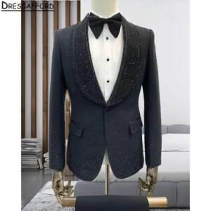 Black Formal Wedding Suits Glitter Crystal Men’s Business Suit 2 Pieces (Jacket+Pants) Man Tuxedo Groom Wear