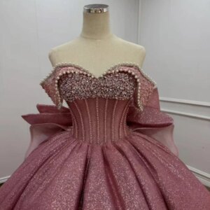 Customized Shiny peach pink Quinceanera Dress Off Shoulder applique 3D flower crystal layering Bow vestidos de 15 Quinceanera