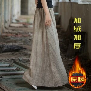 Ramie Tie-Dyed Fleece Lined Padded Warm Keeping Spring Cotton and Linen Women’s Clothing New Long Wild Artistic Skirt