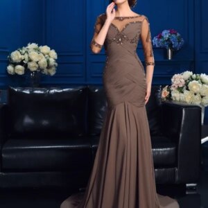 Brown Mother Of The Bride Dresses Mermaid 3/4 Sleeves Chiffon Beaded Plus Size Long Groom Mother Dresses For Wedding Customized