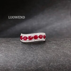 LUOWEND 100% 18K White Gold Rings Fashion Wave Design Shiny Diamond Natural Ruby Ring for Women Wedding Party High Jewelry