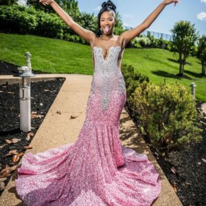 EVLAST Customized Sexy Pink Mermaid Prom Dress Black Girls Rhinestone Crystal Beaded Sequins Wedding Party Gala Gown E3P304