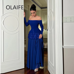 Boat Collar Satin Lace Saudi Arab Dress Sheath Long Backless Chiffon Evening Gown فساتين سهرة with Long Sleeve Customized