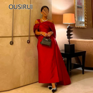 Off-Shoulder Satin Backless Dubai Saudi Gown Sexy Sheath Side Slit Long Bridal Evening Gown with Court Custom Made