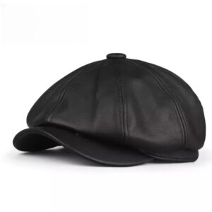 New leather octagon female cowhide newsboy Male Beret Hairstylist hat personality