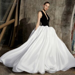 Deep V-Neck A Line Wedding Dress ,Volume Organza Satin Skirts ,Elegant Bridal Gowns DW1027