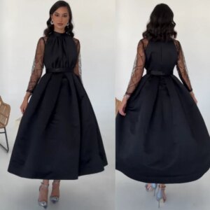 Customized Satin Pleat Prom A-line High Collar Bespoke Occasion Gown Midi Dresses