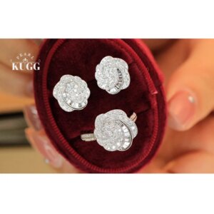 KUGG 100% 18K White Gold Earrings Romantic Flower Shape Real Natural Diamond Earrings&Ring for Women High Party Jewelry Set