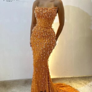 Delicate Crystal Orange Mermaid Formal Party Dress Strapless Beaded Wedding Evening Gowns Couture Stone Arabic Celebrity Dresses