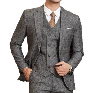 Mens 3 Piece Suit Tweed Herringbone Customized Wedding Tuxedos 3 Piece Slim Fit Groom Formal Occasions Wear Jacket Vest Pants