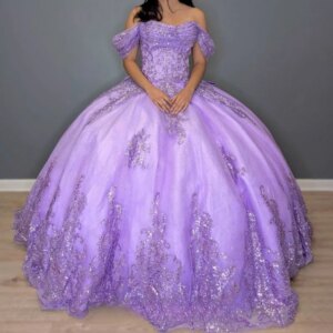 Lavender Shiny Quinceanera Dress Ball Gown Off The Shoulder Applique Lace Beading Crystals Bow Tull Corset Sweet 16 Vestido De
