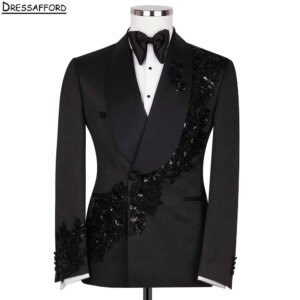 Black Men Business Crystal Beading Sequined Formal Occasion Tuxedos Grooms Wedding Party Prom Male Suit 2 Piece Set Blazer Pants