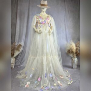 Maternity Photography Dress V – Neck Tulle Applique Gown Elegant Bridal Birthday Party Pregnant Women Dresses for Photo Shoots