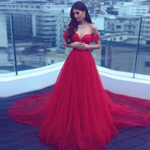 Dubai Arabia Red Pearls Wedding Dresses Off Shoulder Beading Sexy Sweetheart Bride Gowns Second Reception Engagement Party Robe