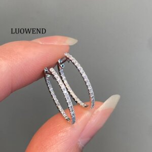 LUOWEND 100% 18K White Gold Earrings Classic Design 0.60carat Real Natural Diamond Hoop Earrings for Women High Party Jewelry