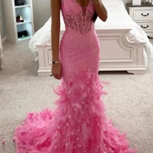 NB17 Customized Pink Meramid Formal Occasion Dress For Special Events V Neck Lace Feather Long Women Evening Wedding Party Gown