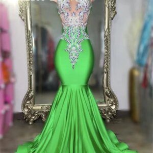 Green Long Prom Dresses Black Girl Bead Crystal Applique 2025 Birthday Luxury Dress Mermaid Evening Dresses Wedding Customized