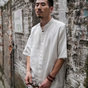 Hanma Men’s Chinese-Style Stand Collar Short-Sleeved Shirt Summer Wear