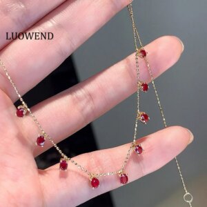 LUOWEND 100% 18K Yellow Gold Necklace Romantic Gentle Style Natural Ruby Necklace for Women Wedding Luxury Gemstone Jewelry