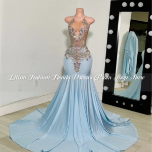Sparkling Light Blue Mermaid Prom Dress Exquisite Diamante Crystal Beaded Appliques Black Girls Birthday Party Customised Dress